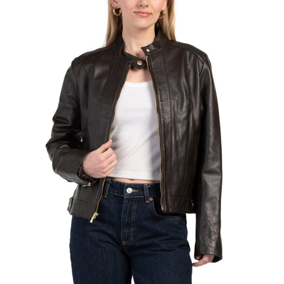 COLE HAAN Dark Espresso Lambskin Leather Jacket